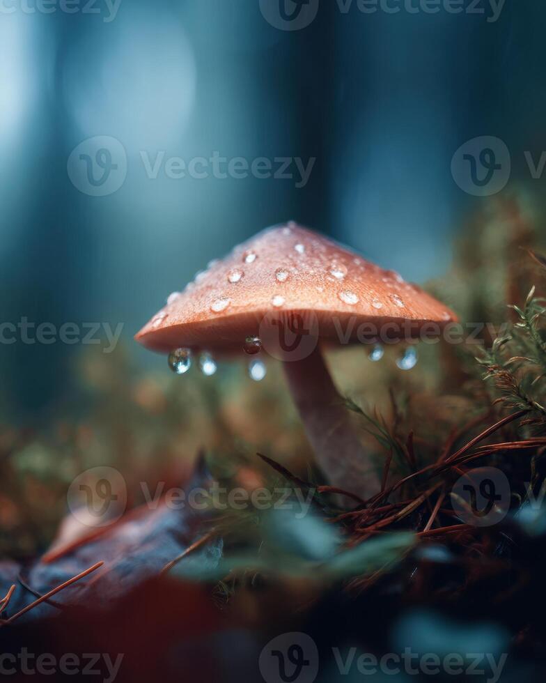 A mushroom with water droplets on it in the forest photo
