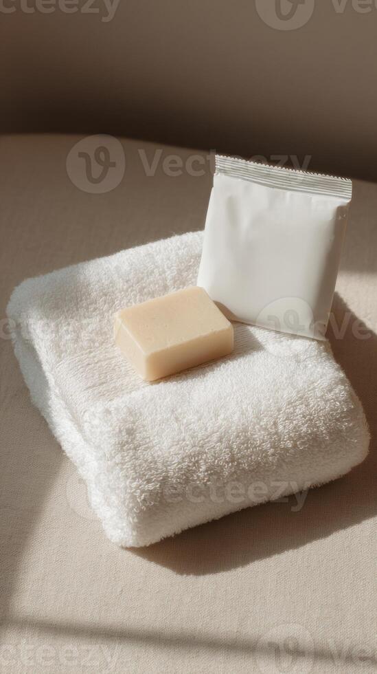 A towel with soap and a bag of soap photo