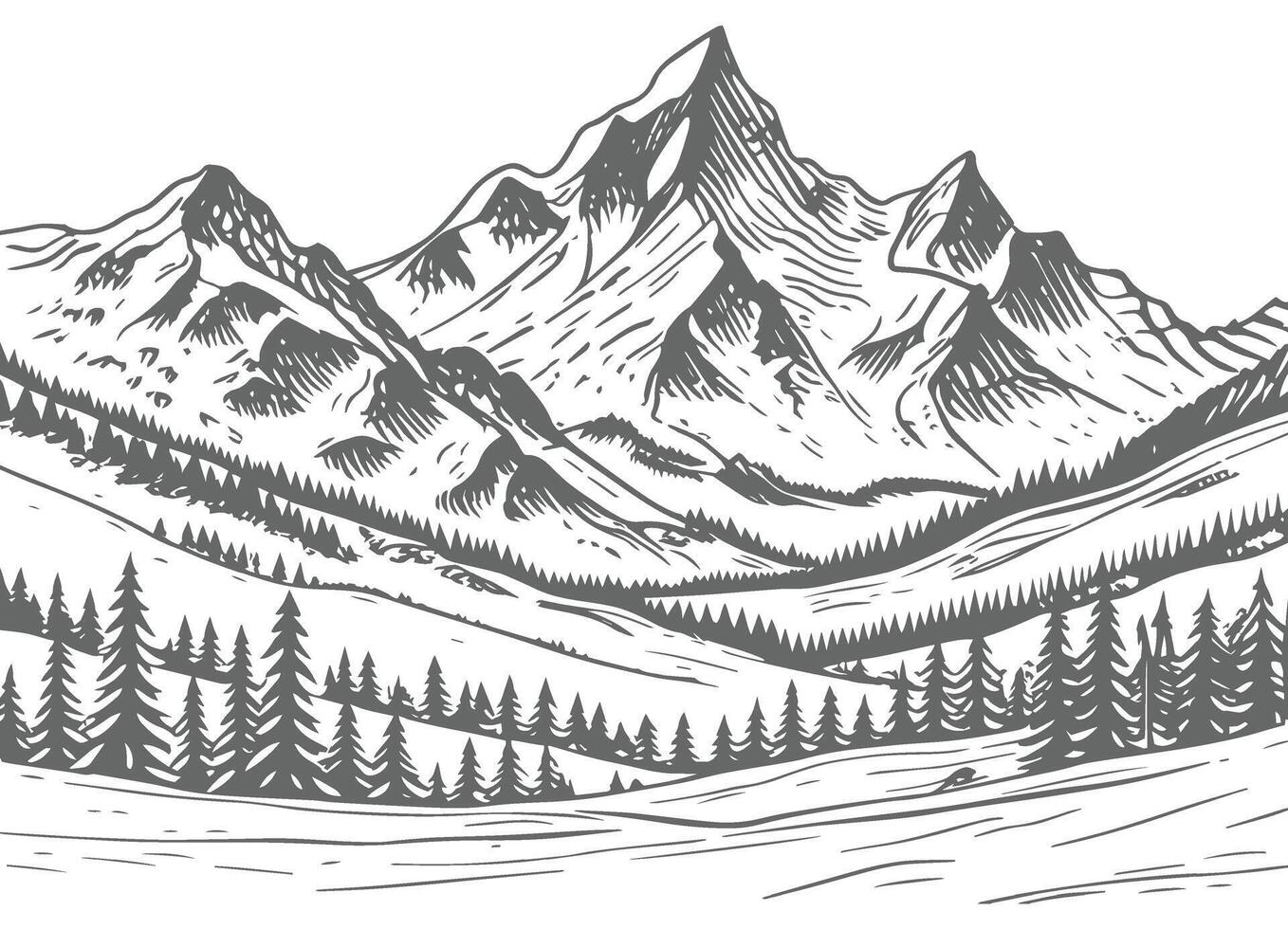 Hand-drawn mountain range and forest landscape in a valley vector