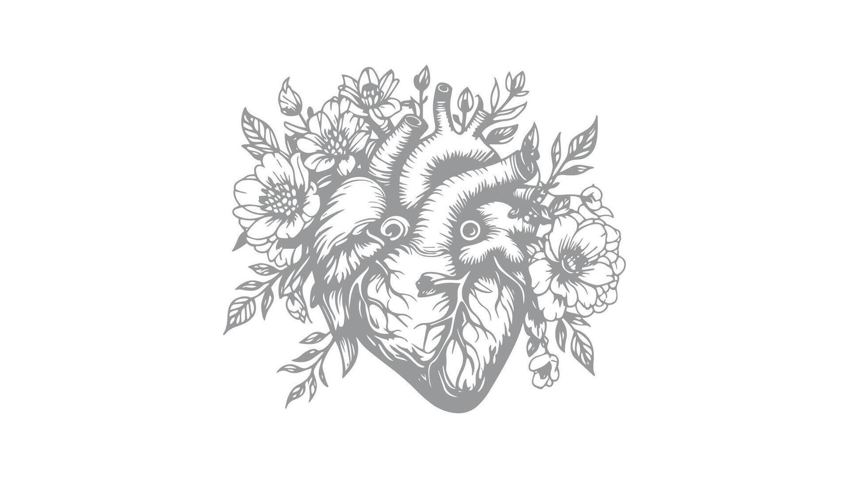 Hand-drawn of an Anatomical Heart Adorned with Delicate Floral Arrangements vector