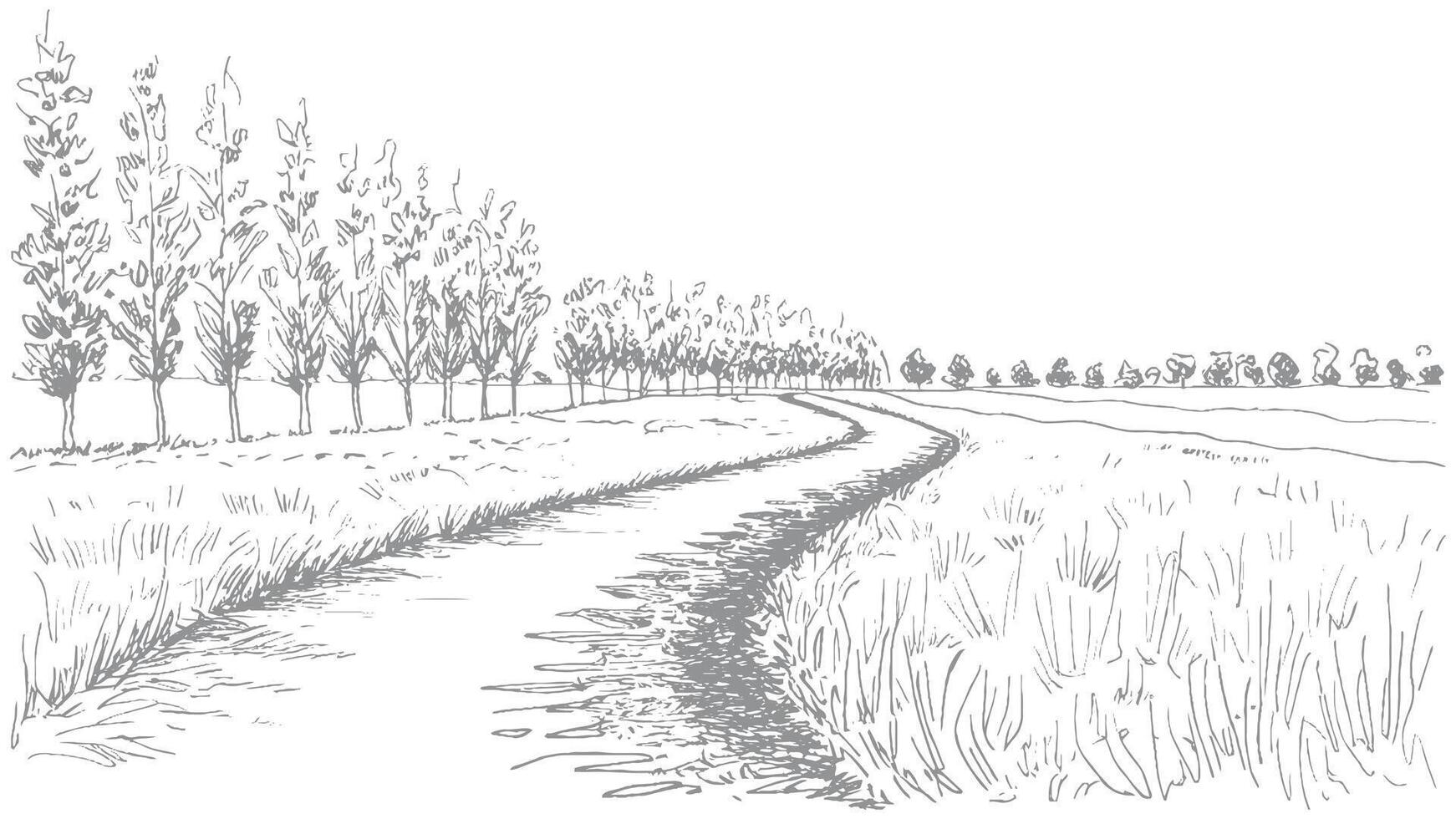 landscape with trees house and mountain hand-drawn vector