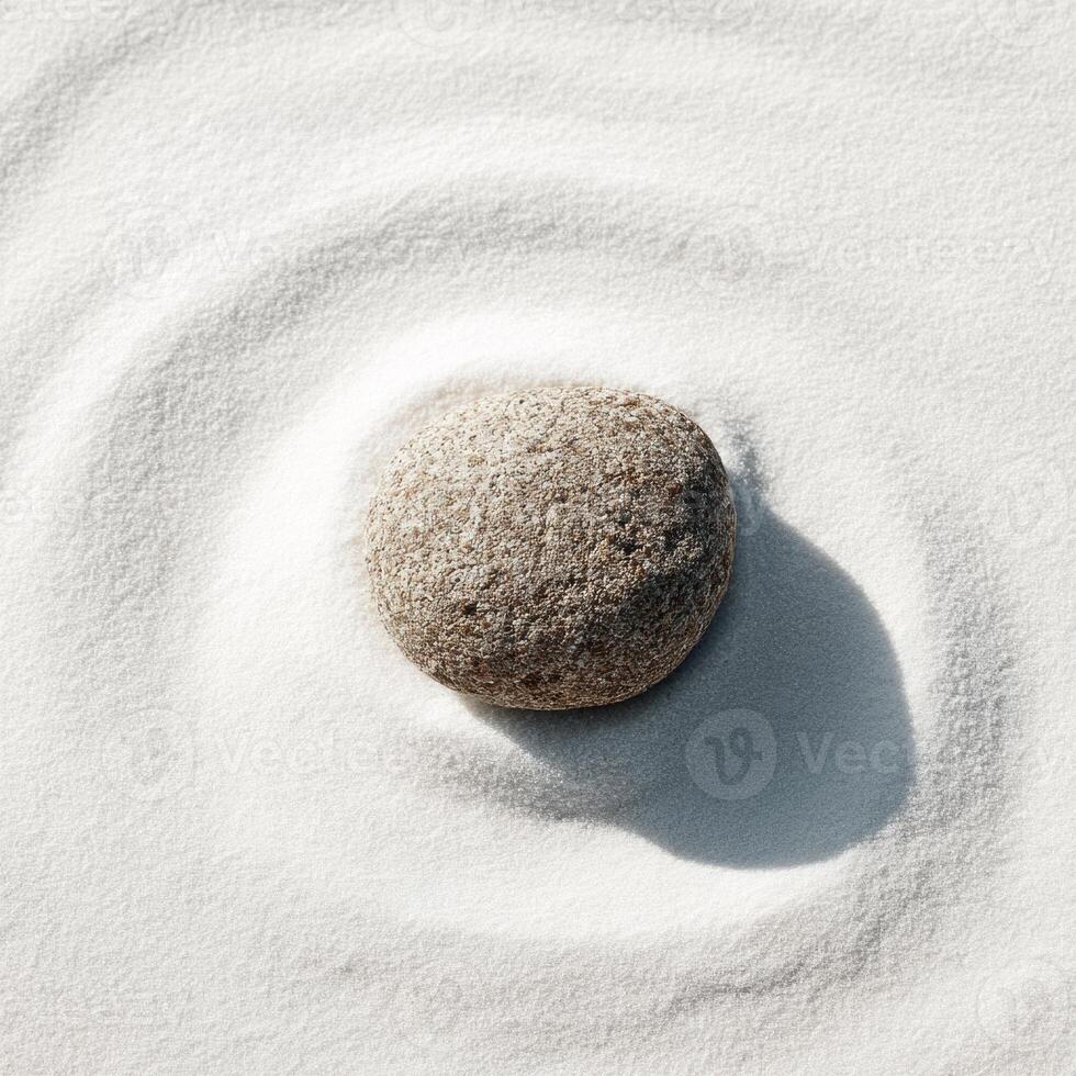 A rock sitting in the middle of a circle of white sand photo
