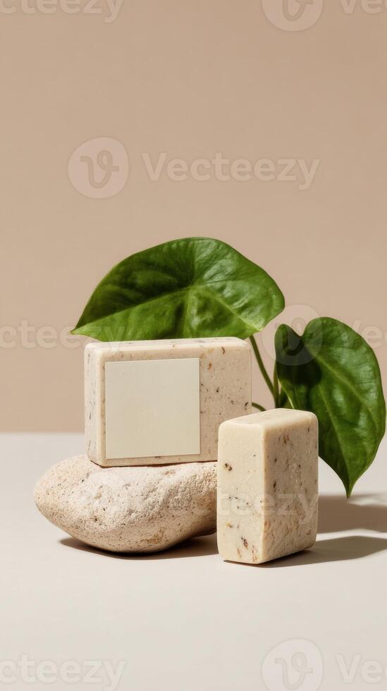 Soap bars on a stone with a leaf photo