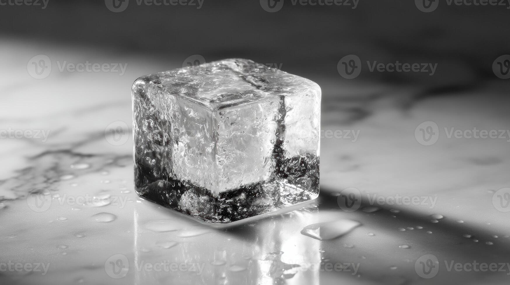 Ice cube on marble surface with water droplets photo