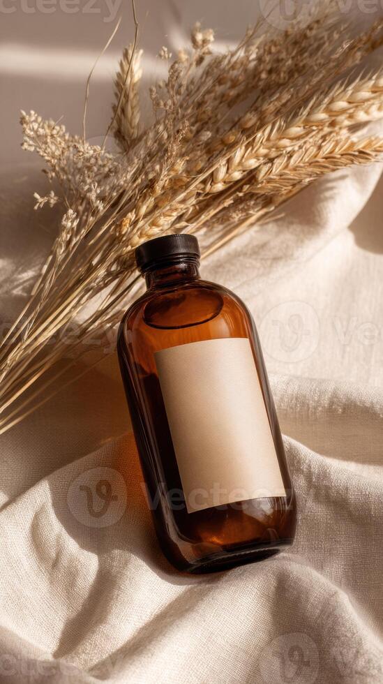 A bottle of essential oil and a stalk of wheat on a linen cloth photo