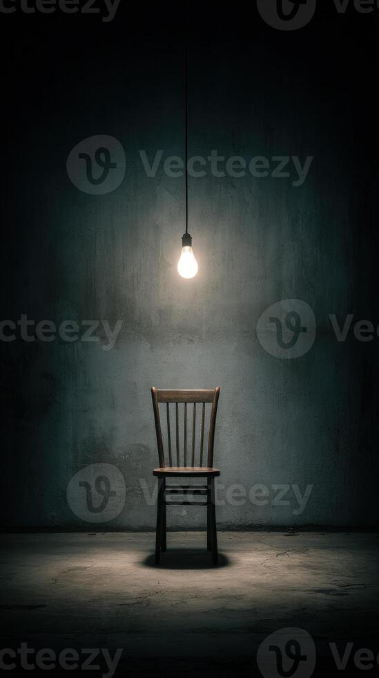 A chair sitting in an empty room with a light bulb photo