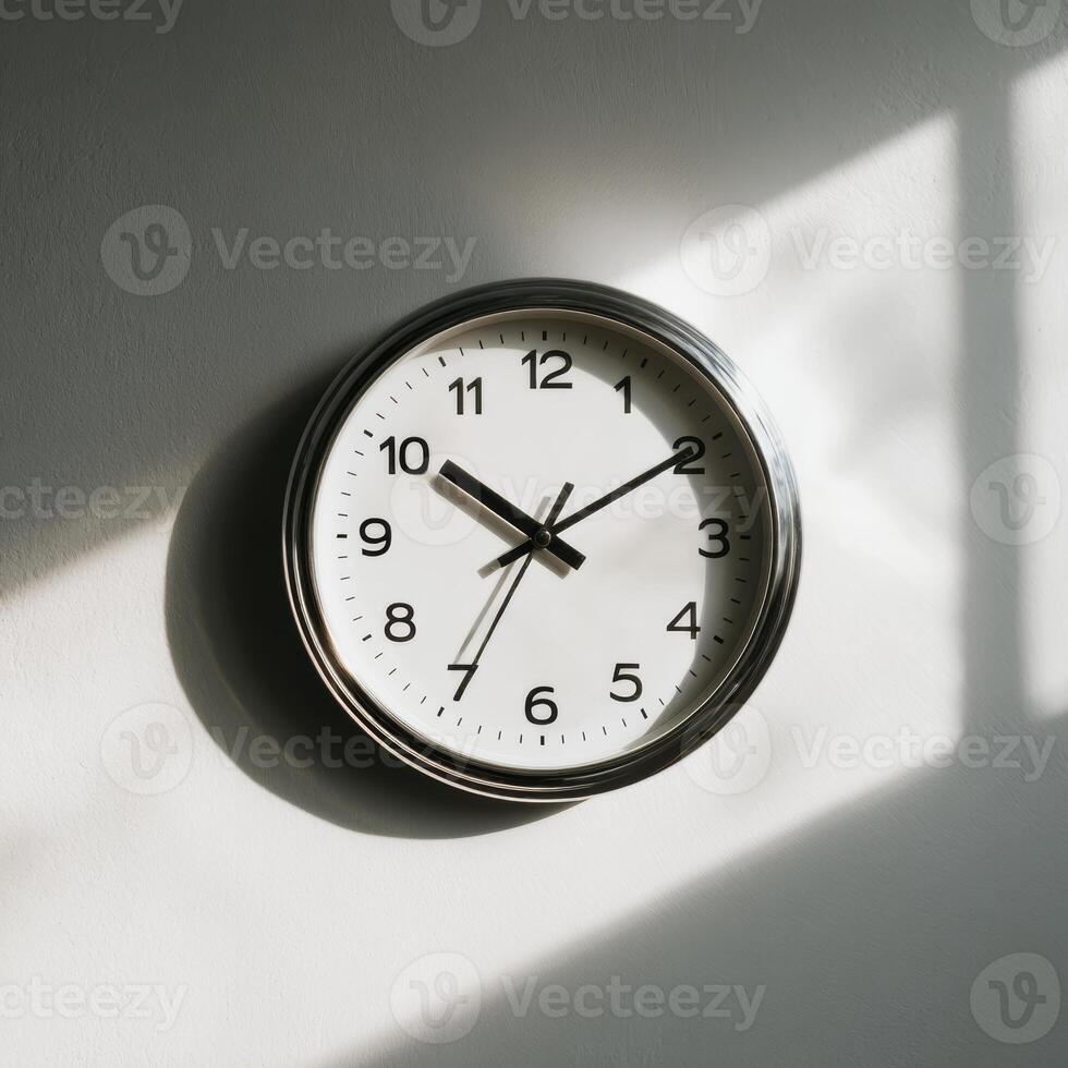 A clock on a wall with the sun shining on it photo