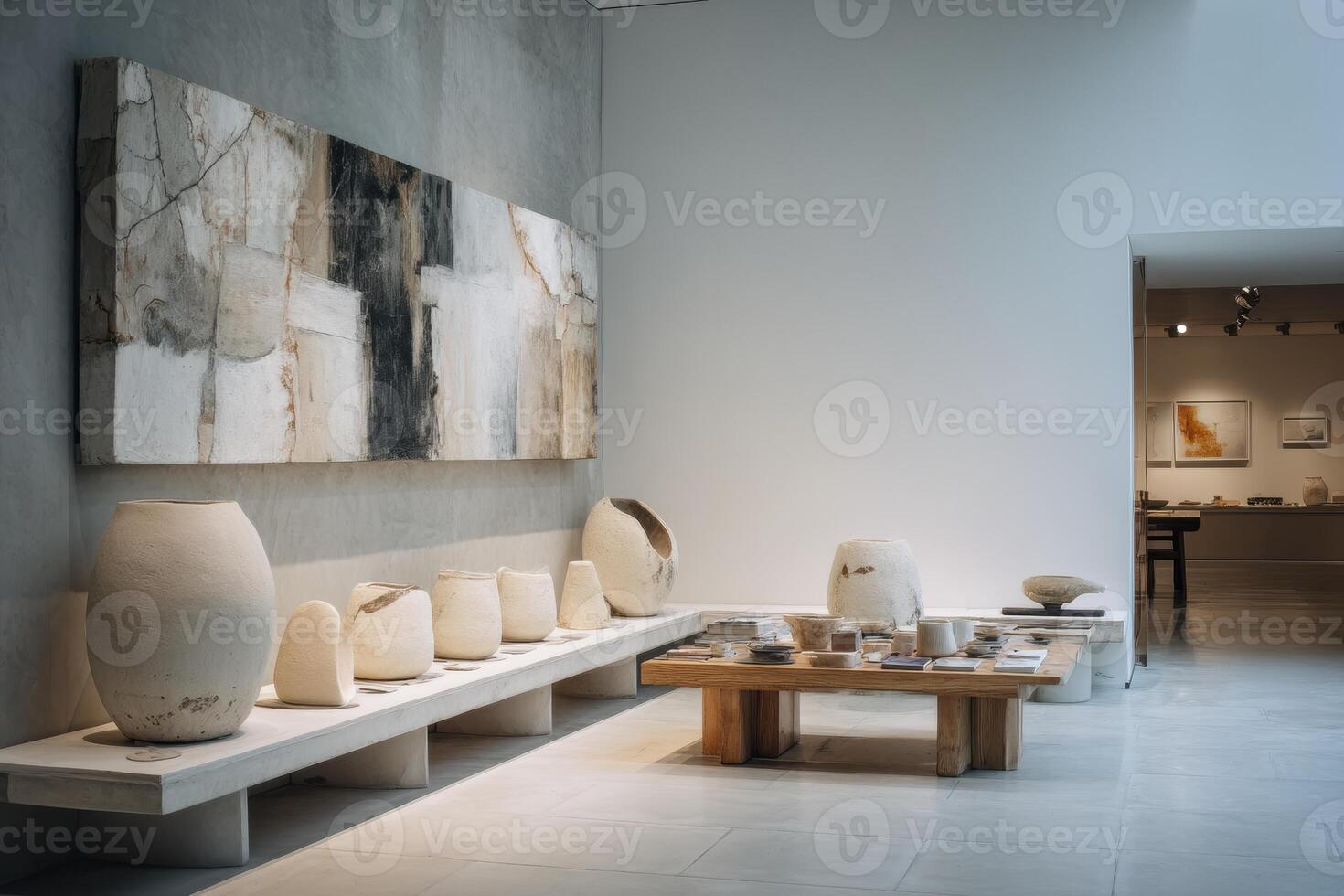 A room with white walls and a table with vases photo