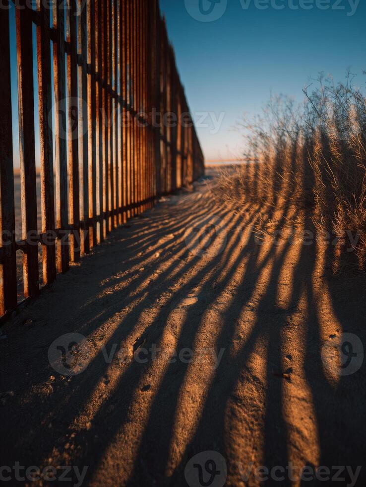 The border fence in the desert with shadows photo