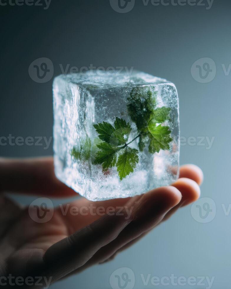 A person holding an ice cube with a leaf on it photo