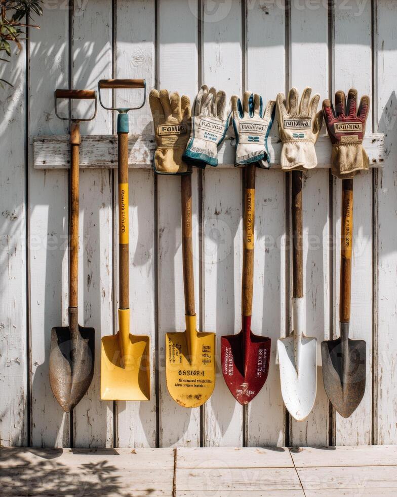 A row of gardening tools on a wooden wall photo