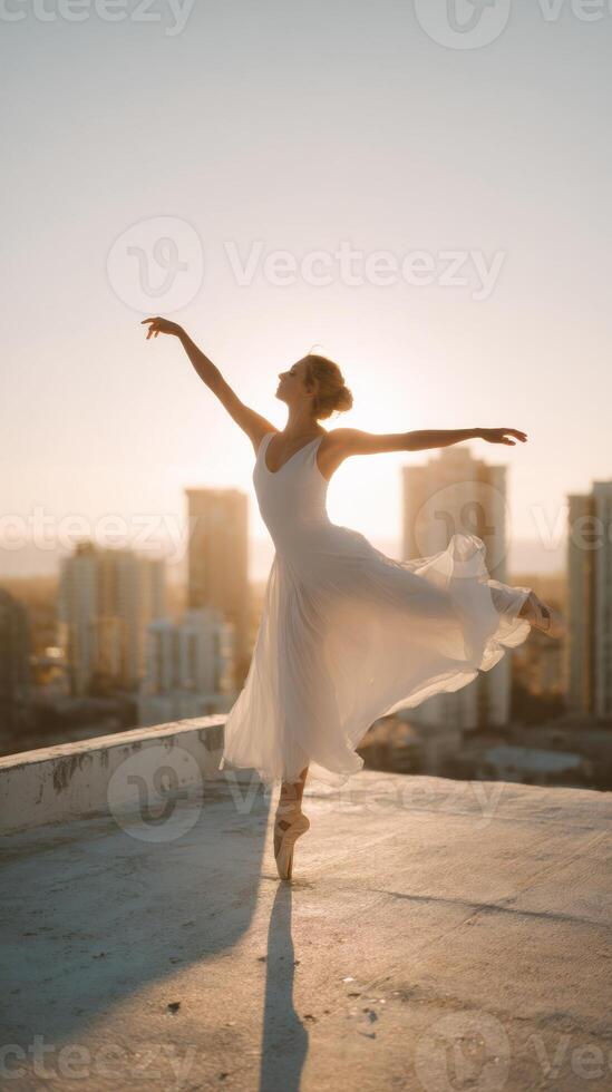 A woman in a white dress is dancing on a rooftop photo