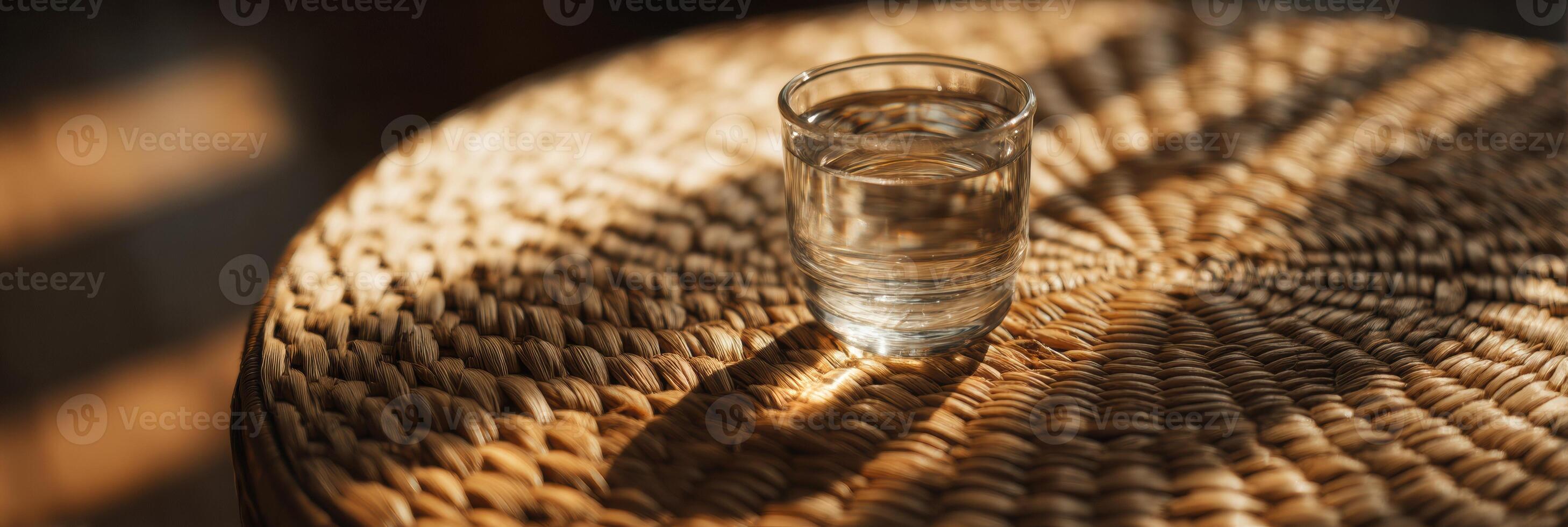 A glass of water sitting on top of a wicker table photo