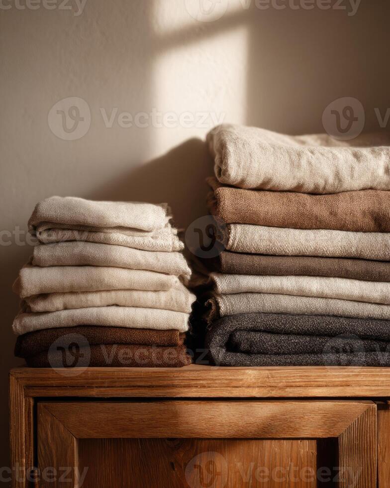 A stack of folded towels on a wooden shelf photo