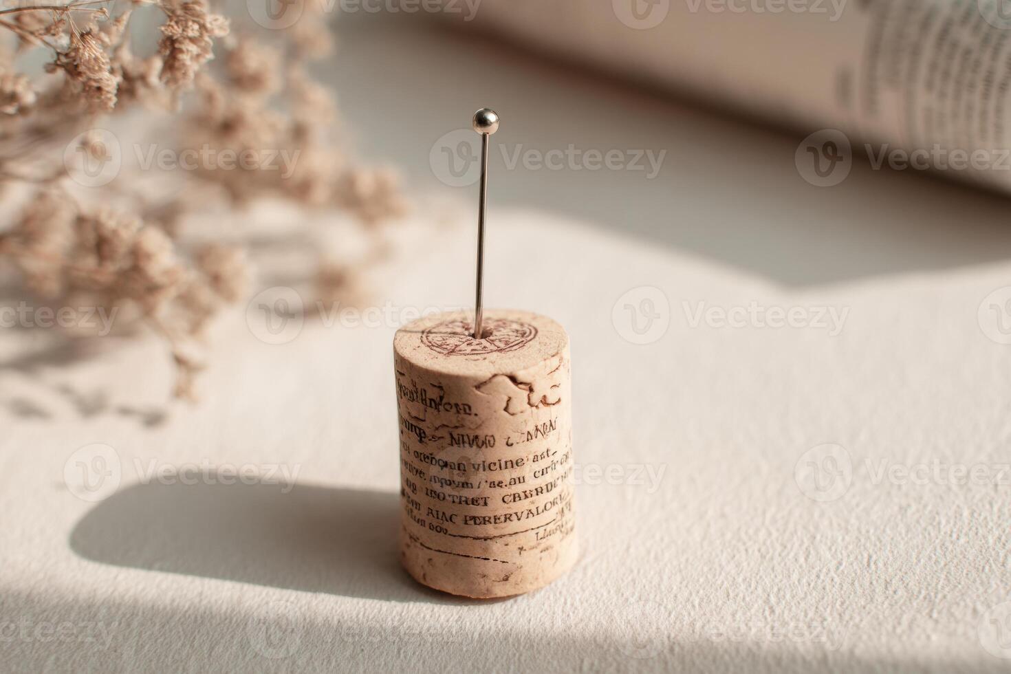 A pin with a cork sitting on top of a book photo