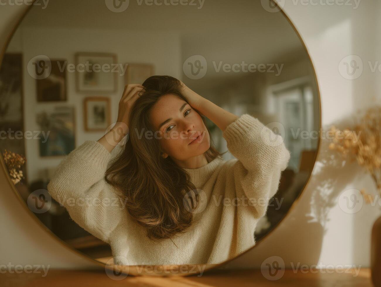A woman in a sweater looking at herself in a mirror photo