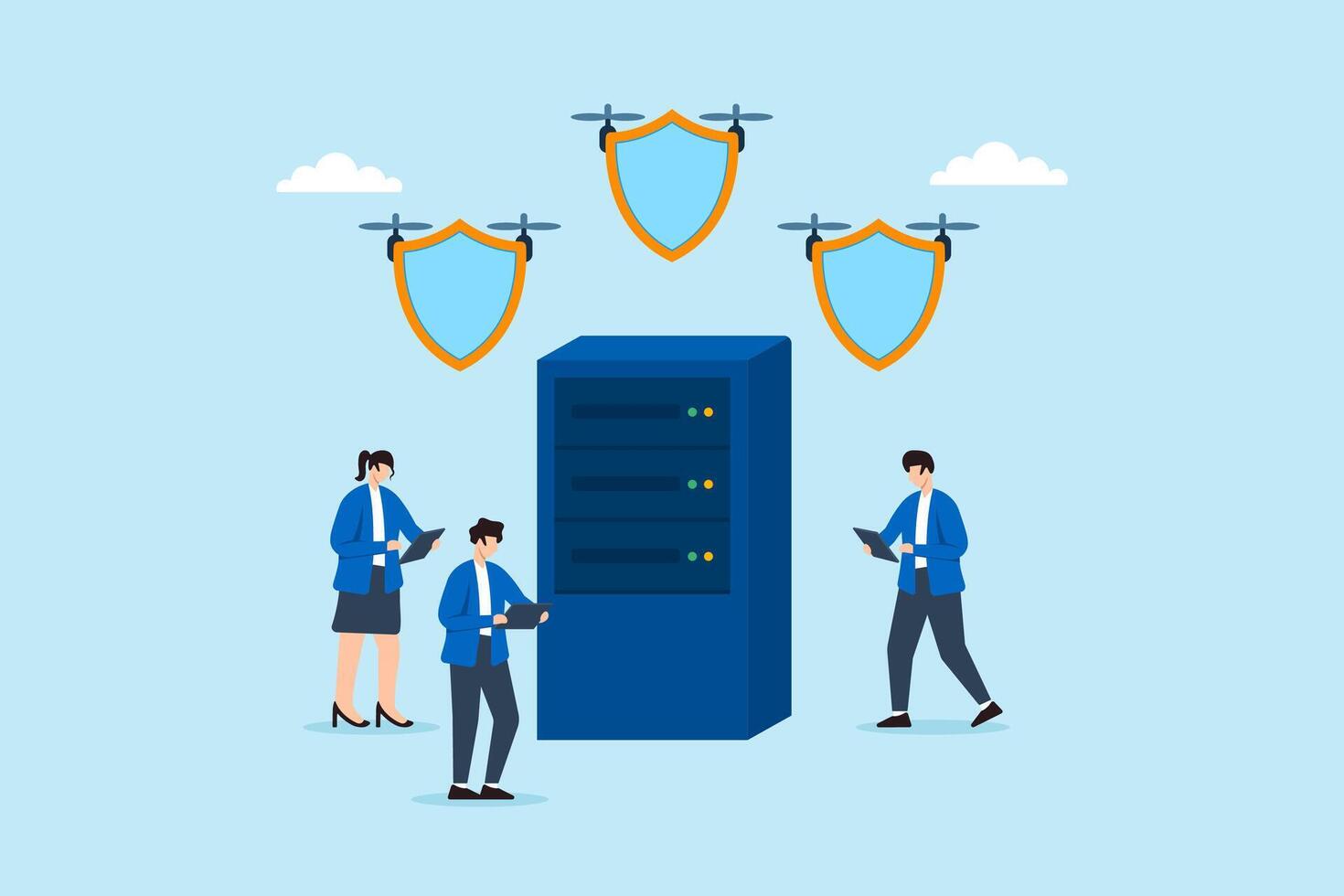 Flat illustration of three people floating drone shields over server to patrol and defend network with cybersecurity encryption vector