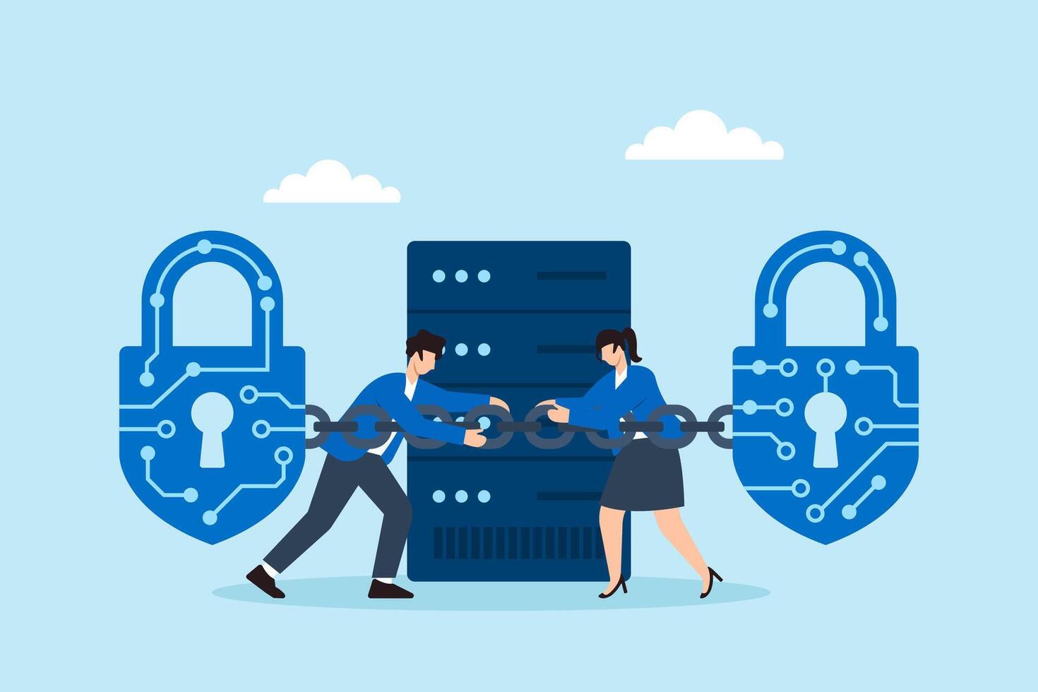 Flat illustration of two people locking digital padlocks with circuit chains around server for encrypted cybersecurity protection vector