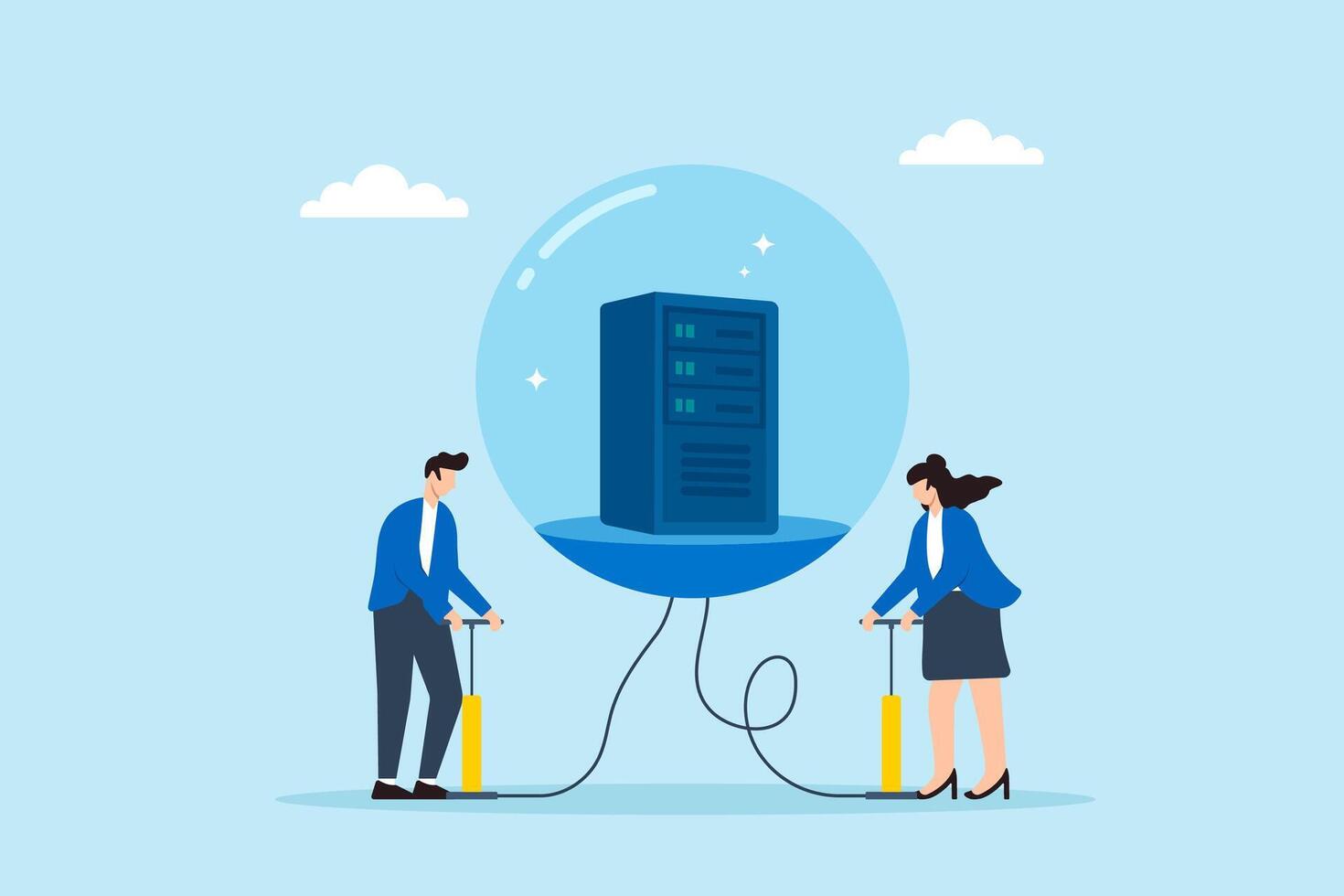 Flat illustration of two people inflating protective bubble around server to block cyber threats with encryption shield vector