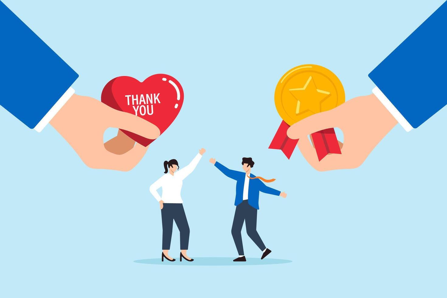 Flat illustration of employees appreciated and rewarded with hands giving thank you heart and gold medal employee recognition motivation and workplace appreciation vector