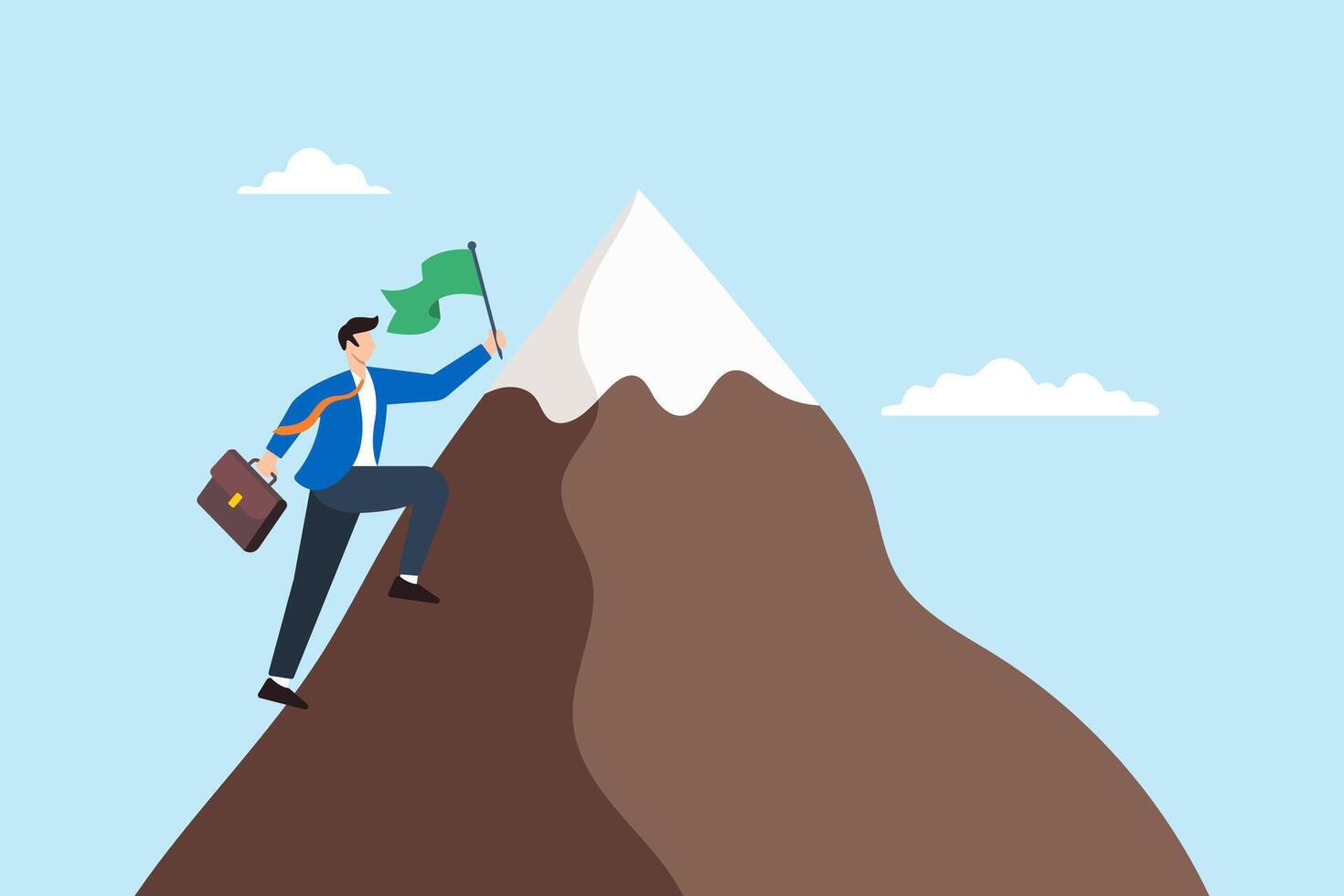 Flat illustration of businessman climbing mountain with determination and holding flag achievement perseverance reaching ambitious goals and success mission vector