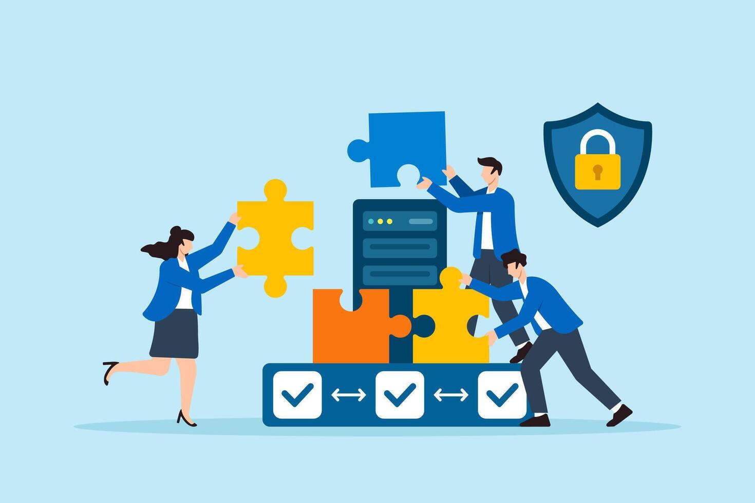Flat illustration of three people locking puzzle pieces around server to form secure network against cyber attacks vector