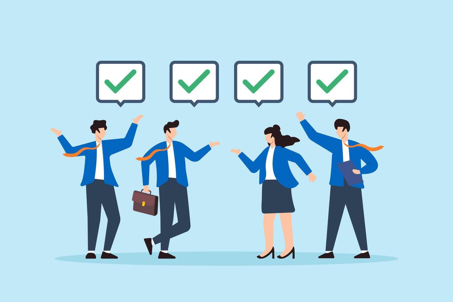 Flat illustration of business people agreeing on completed tasks with check marks team approval consensus collaboration agree to work together and project agreement vector
