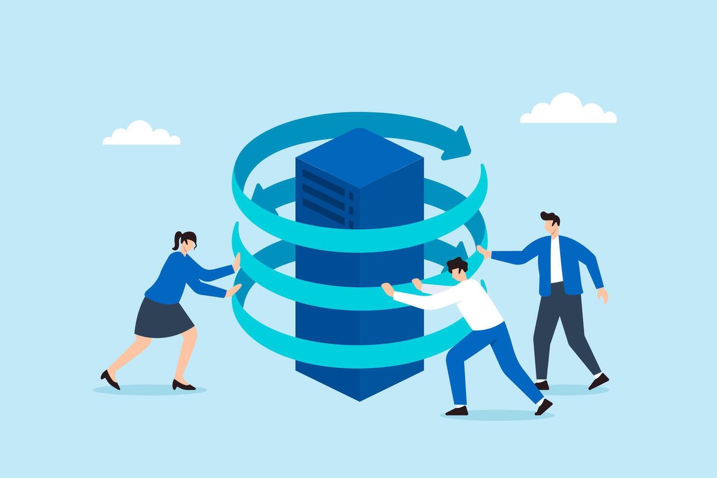 Flat illustration of team rotating security rings around server to form digital shield for cybersecurity defense vector
