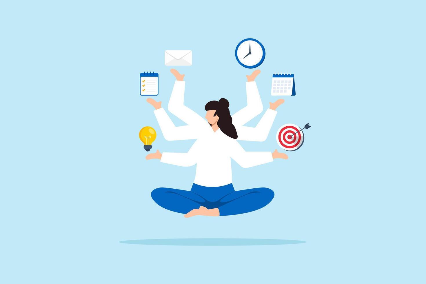 Flat illustration of multitasking businesswoman with six arms floating and handling ideas tasks emails goals time and planning in perfect balance vector