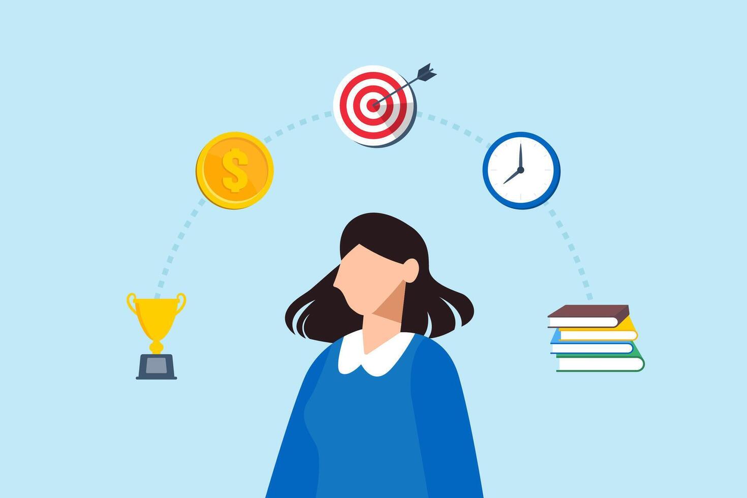 Flat illustration of woman imagining future goals and life aspirations with time money ideas education skills and success career planning ambition and employee personal development vector