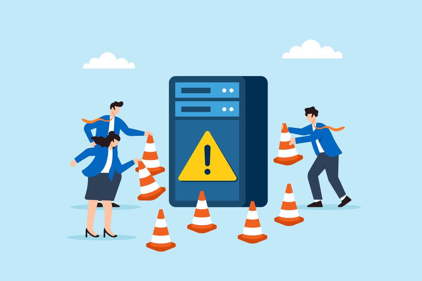 Flat illustration of three people placing warning cones around server security perimeter to prevent cyber threats with encrypted barriers vector