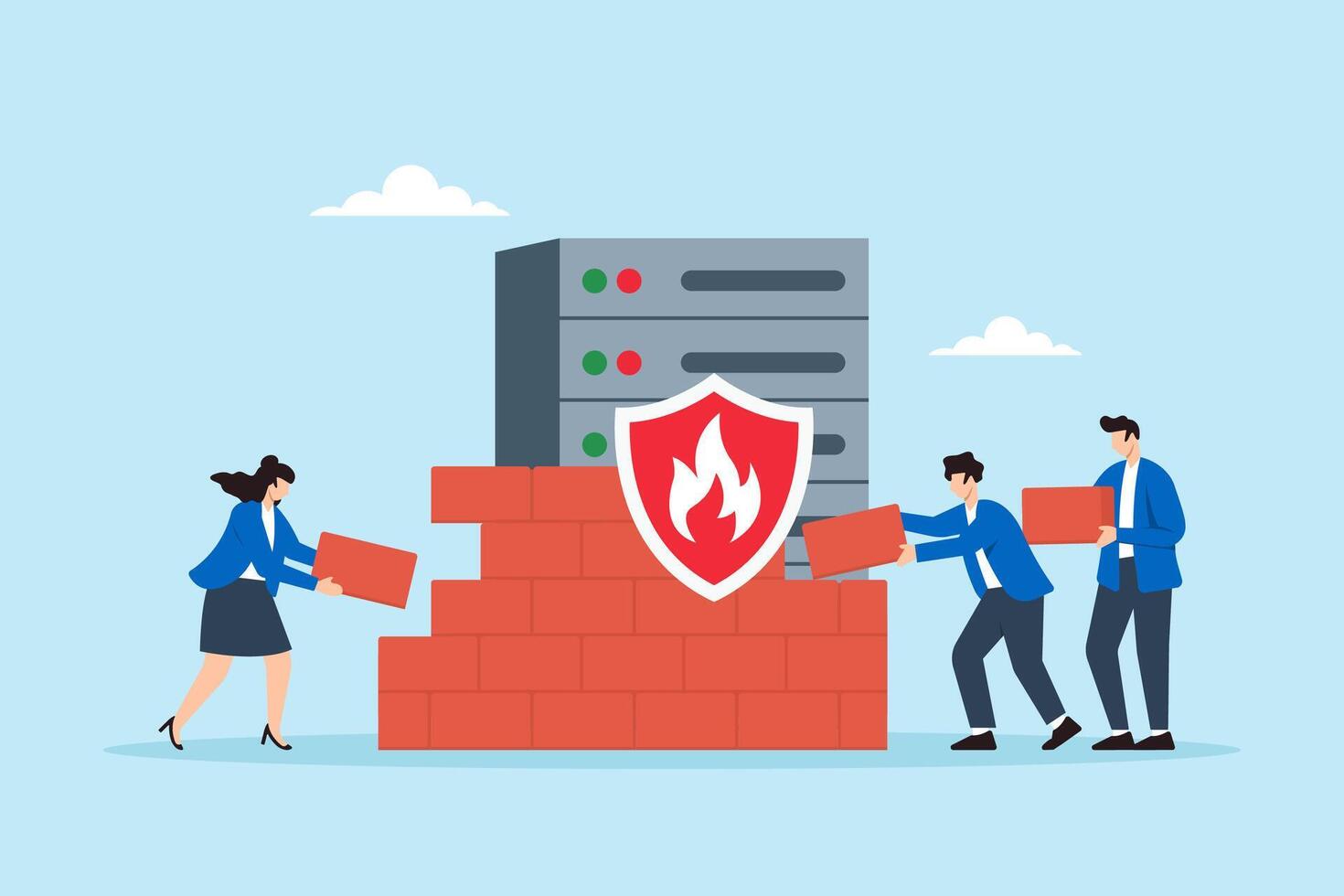 Flat illustration of people building firewall brick wall to secure server and prevent hacking and data breaches vector
