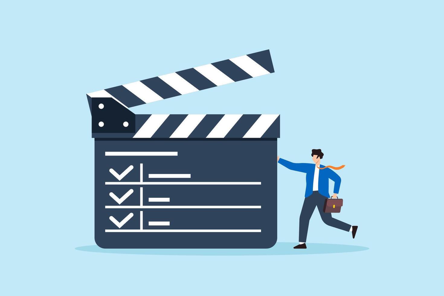 Flat illustration of businessman with action plan clapperboard checklist strategic planning execution productivity and workflow management in business projects vector