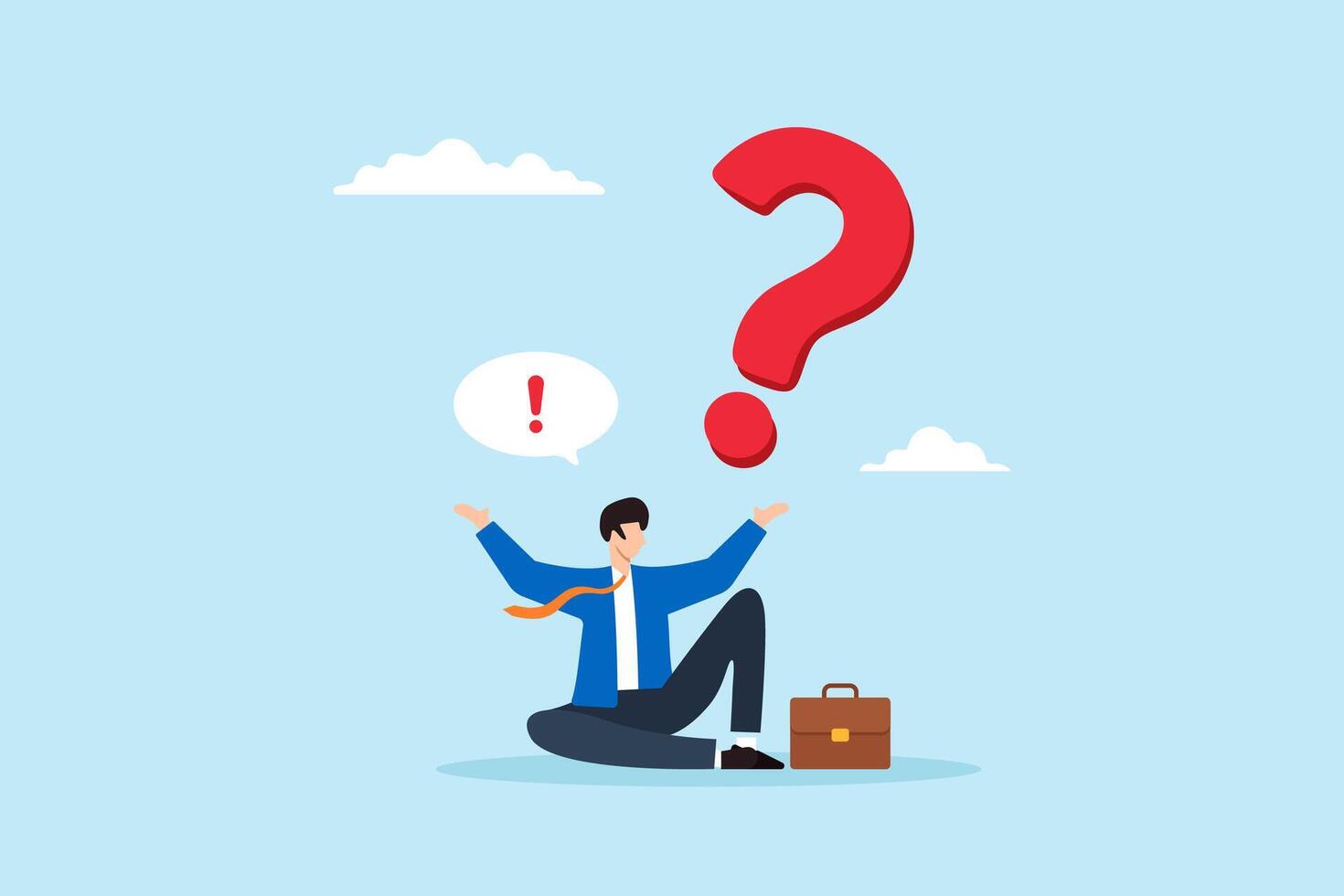 Flat illustration of businessman sitting with giant question mark and exclamation bubble decision to solve problem curiosity finding answers and new ideas vector