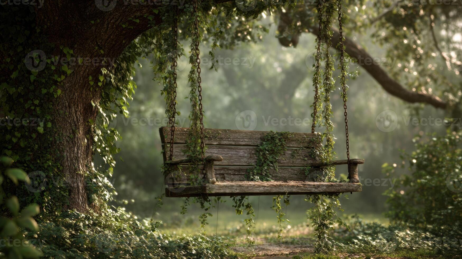 A swing hanging from a tree in the middle of a forest photo