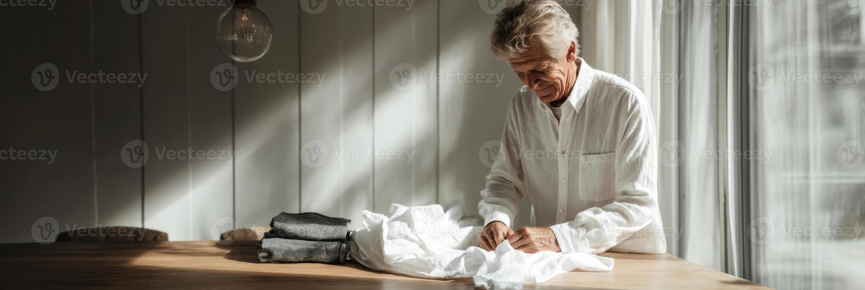 An older man is folding clothes on a table photo