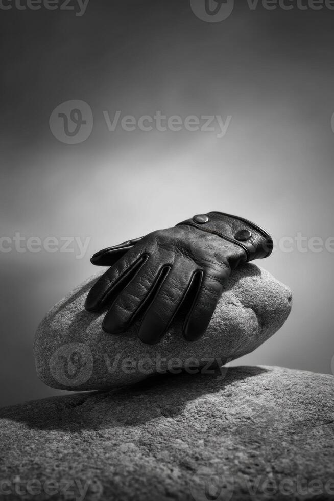Black and white photograph of a glove on a rock photo