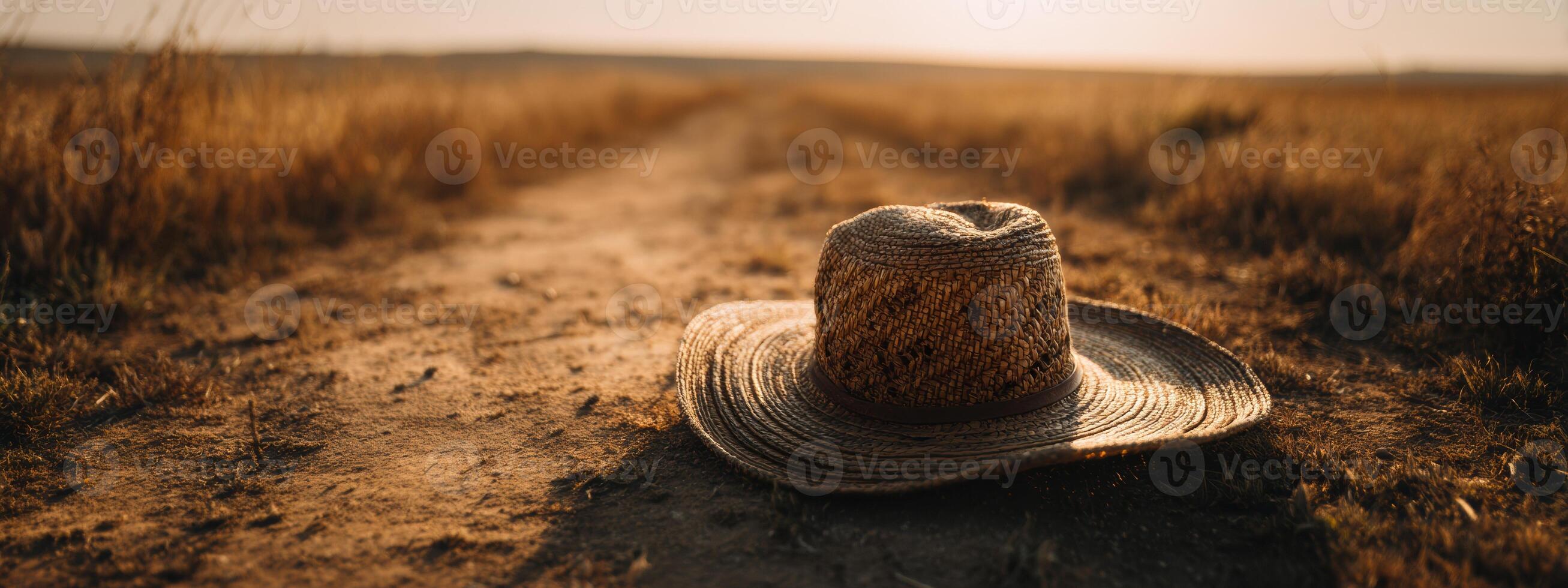 A cowboy hat sits on the ground in a field photo