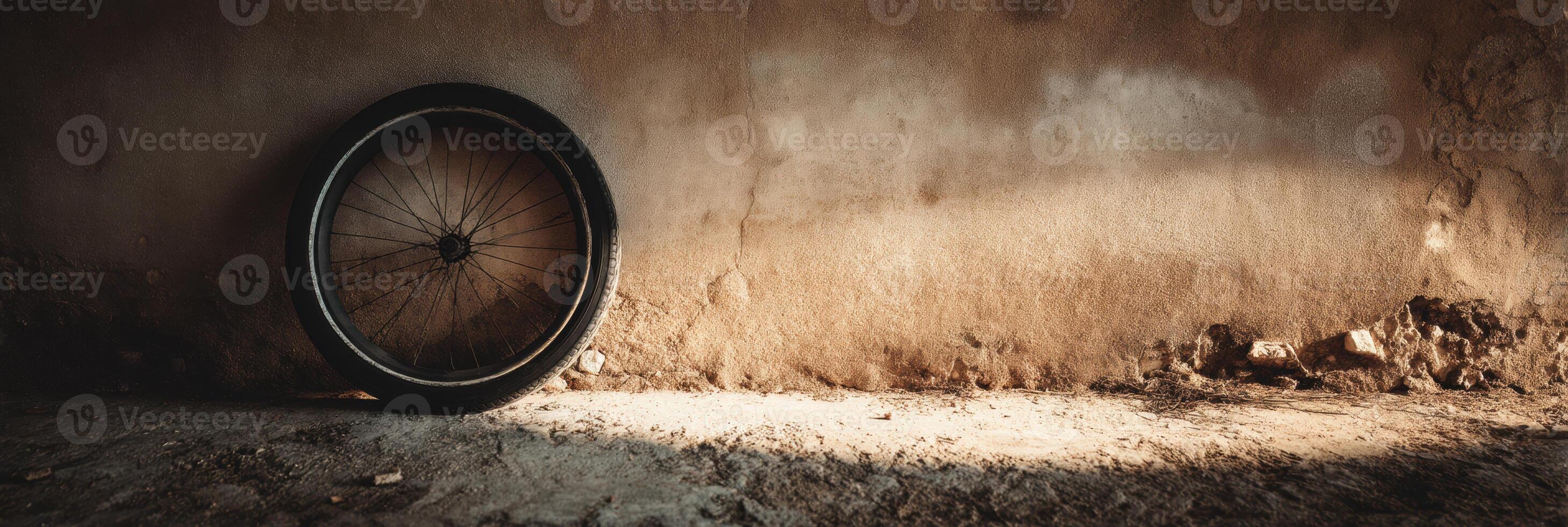 A bicycle wheel is leaning against a wall photo