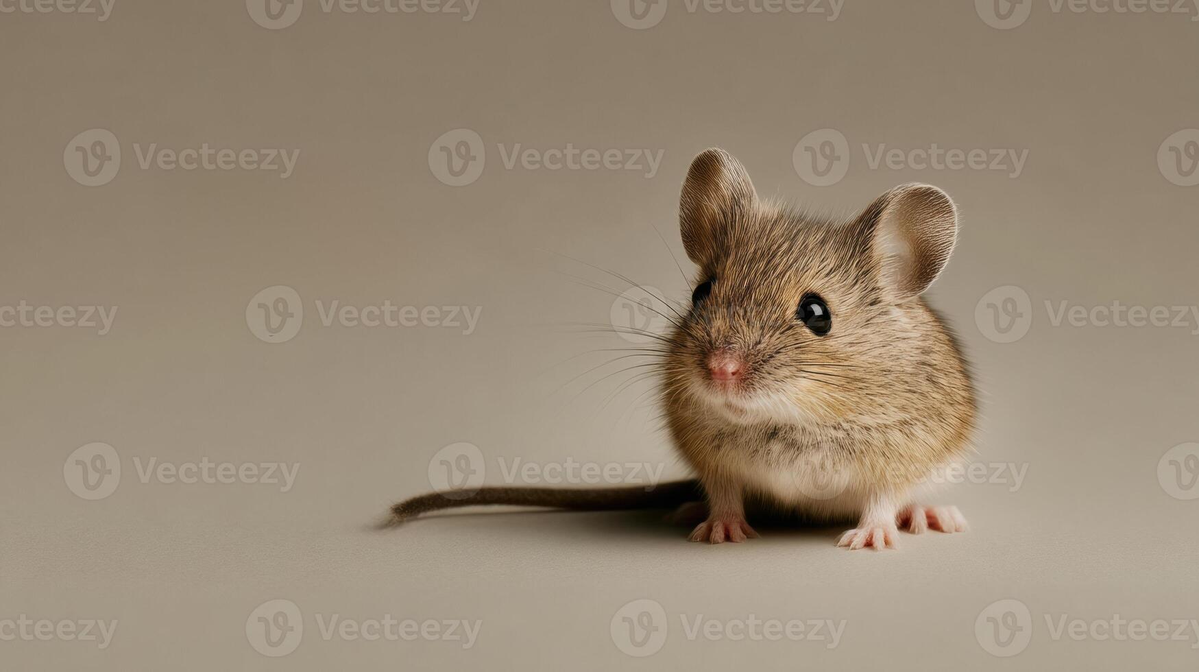 A small mouse is standing on a gray background photo