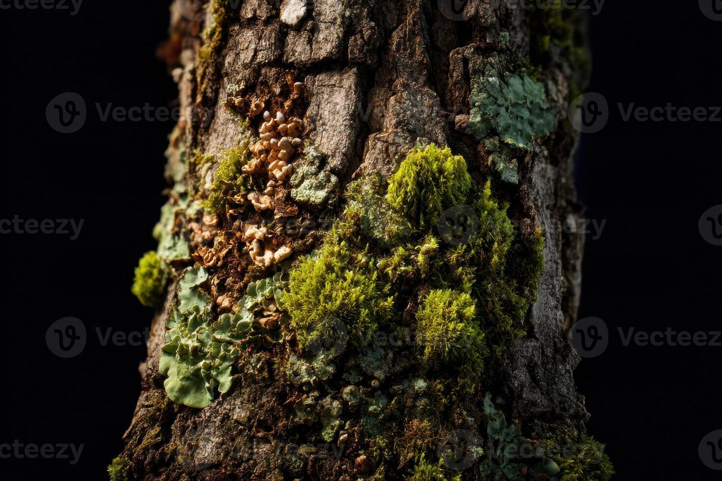 A close up of a tree trunk with moss photo