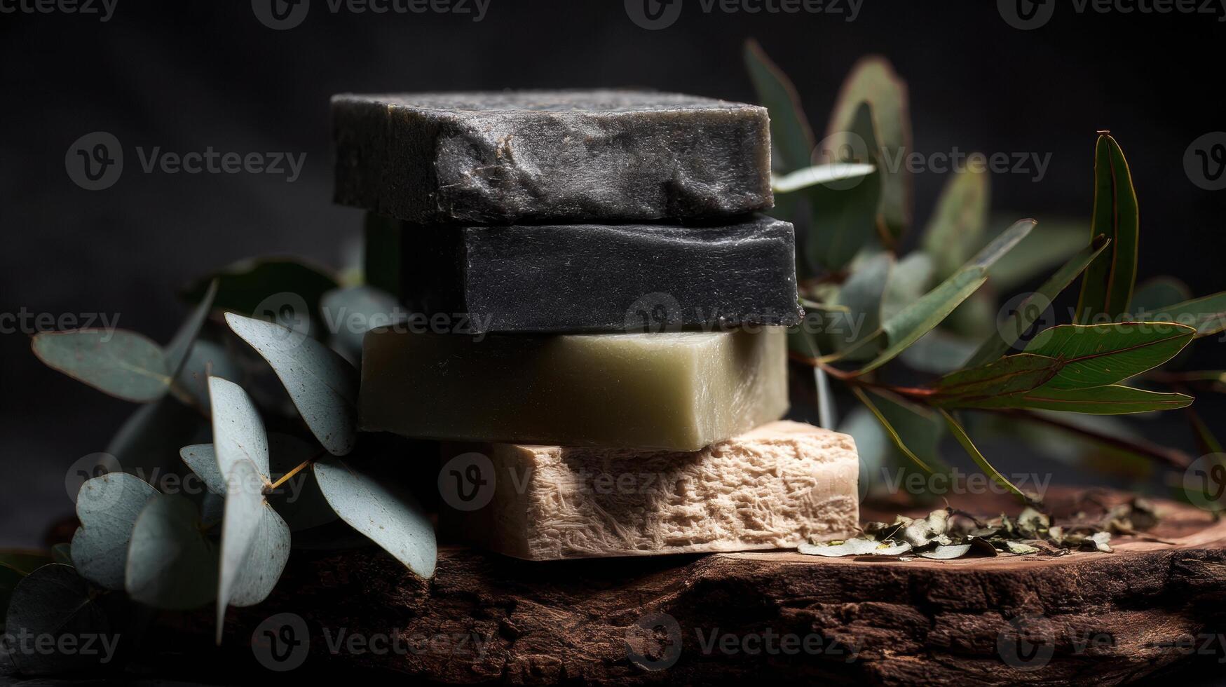 Three different types of soap on a wooden block photo