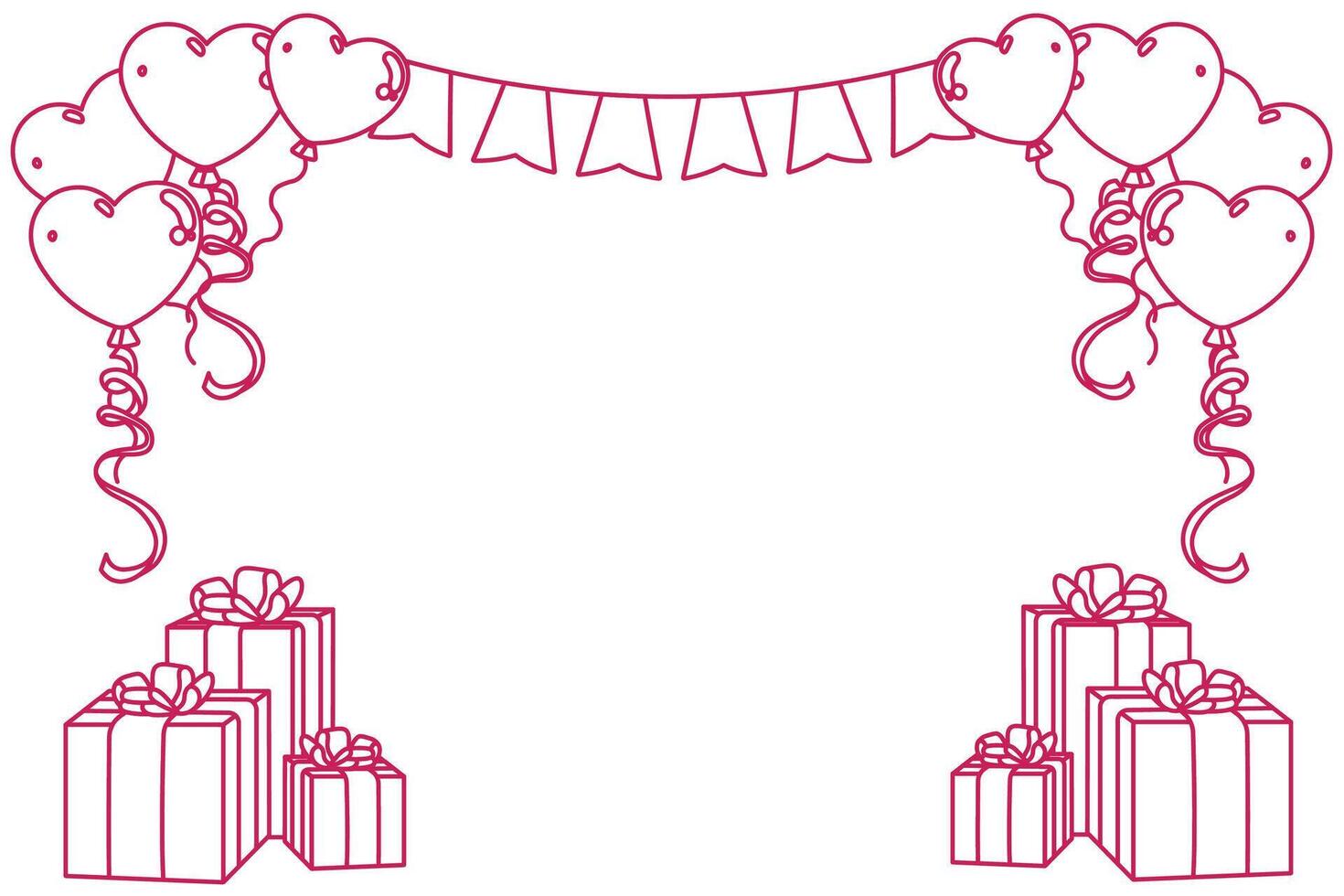 Happy Birthday Background Decoration Pink Line in White Background. Gift, Balloon, Garland, and Confetti. Illustration. vector