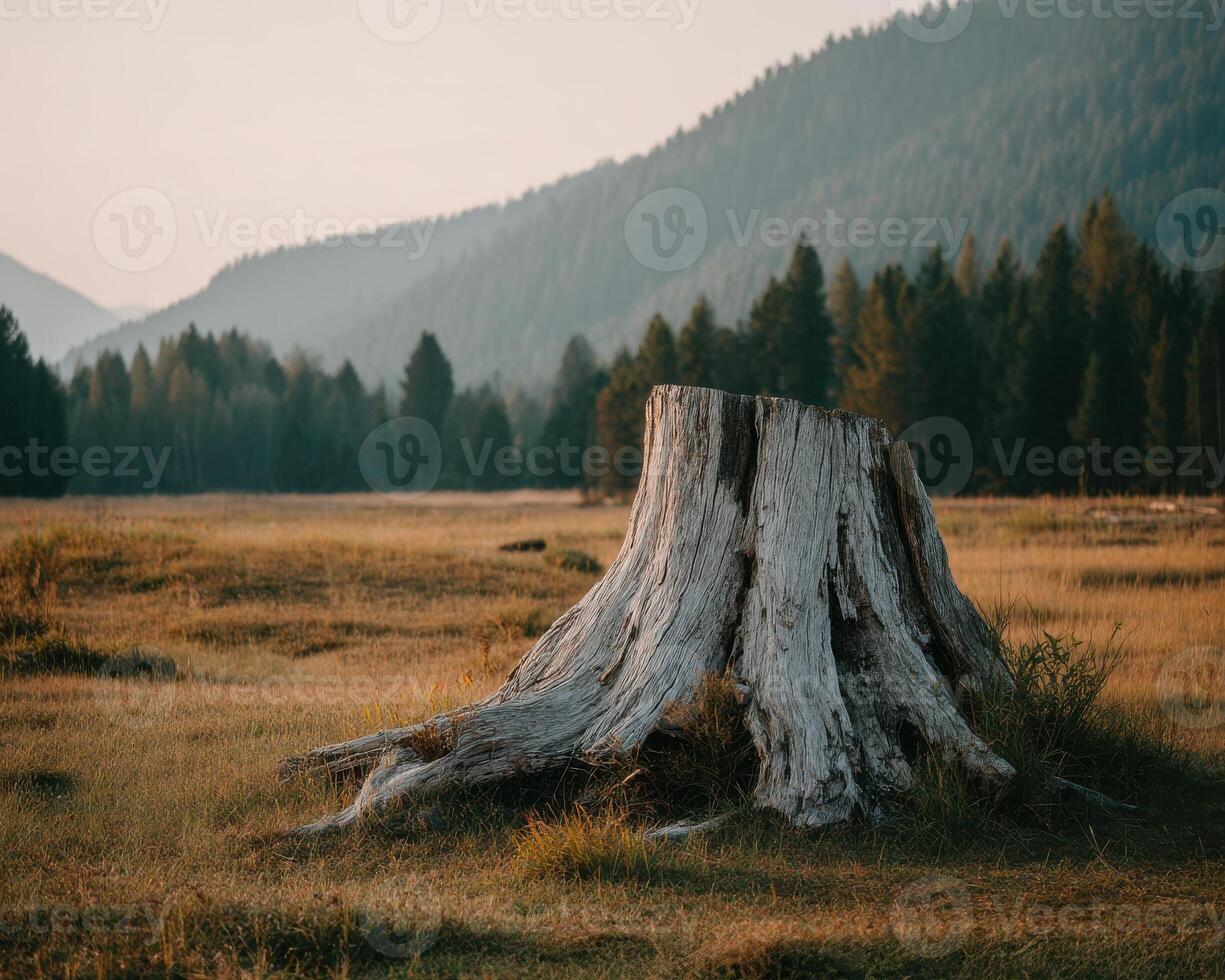 A tree stump in a field with mountains in the background photo