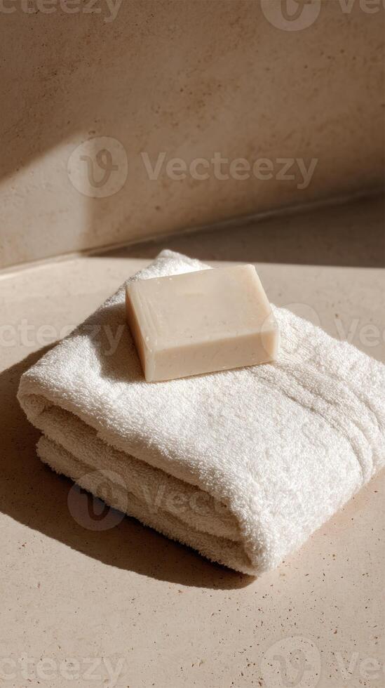 A towel and soap on a counter photo