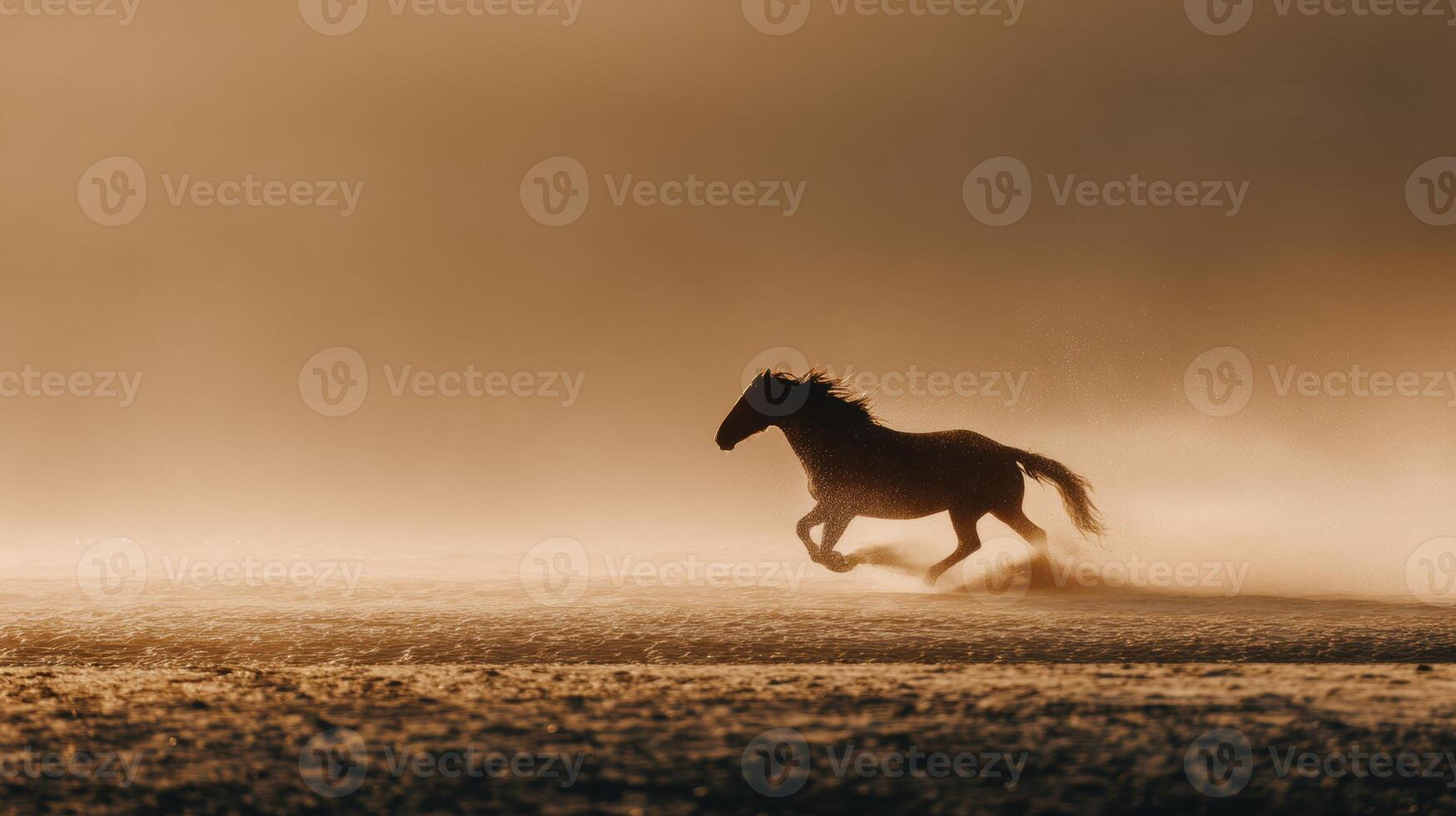 A horse running in the fog on a field photo