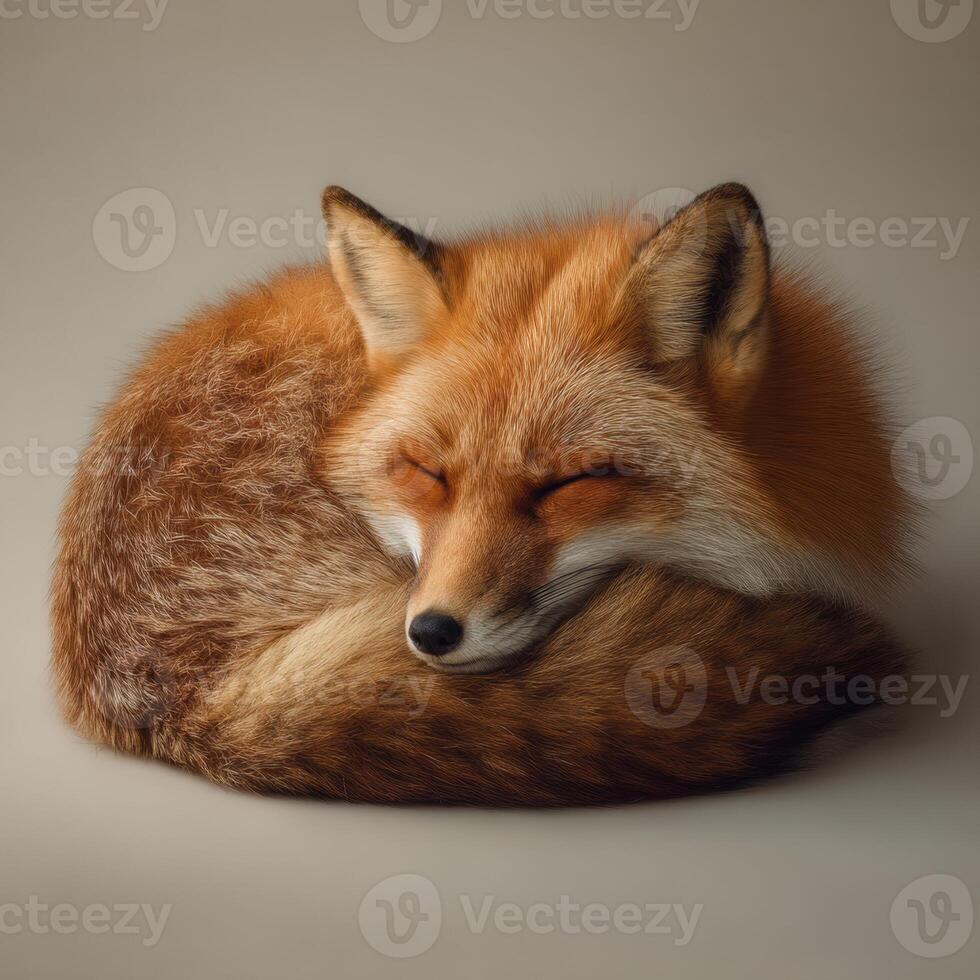 A sleeping red fox curled up on a gray background photo