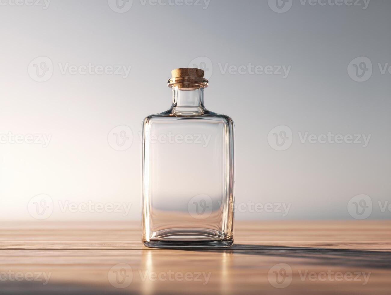 Empty glass bottle on wooden table with blurred background photo