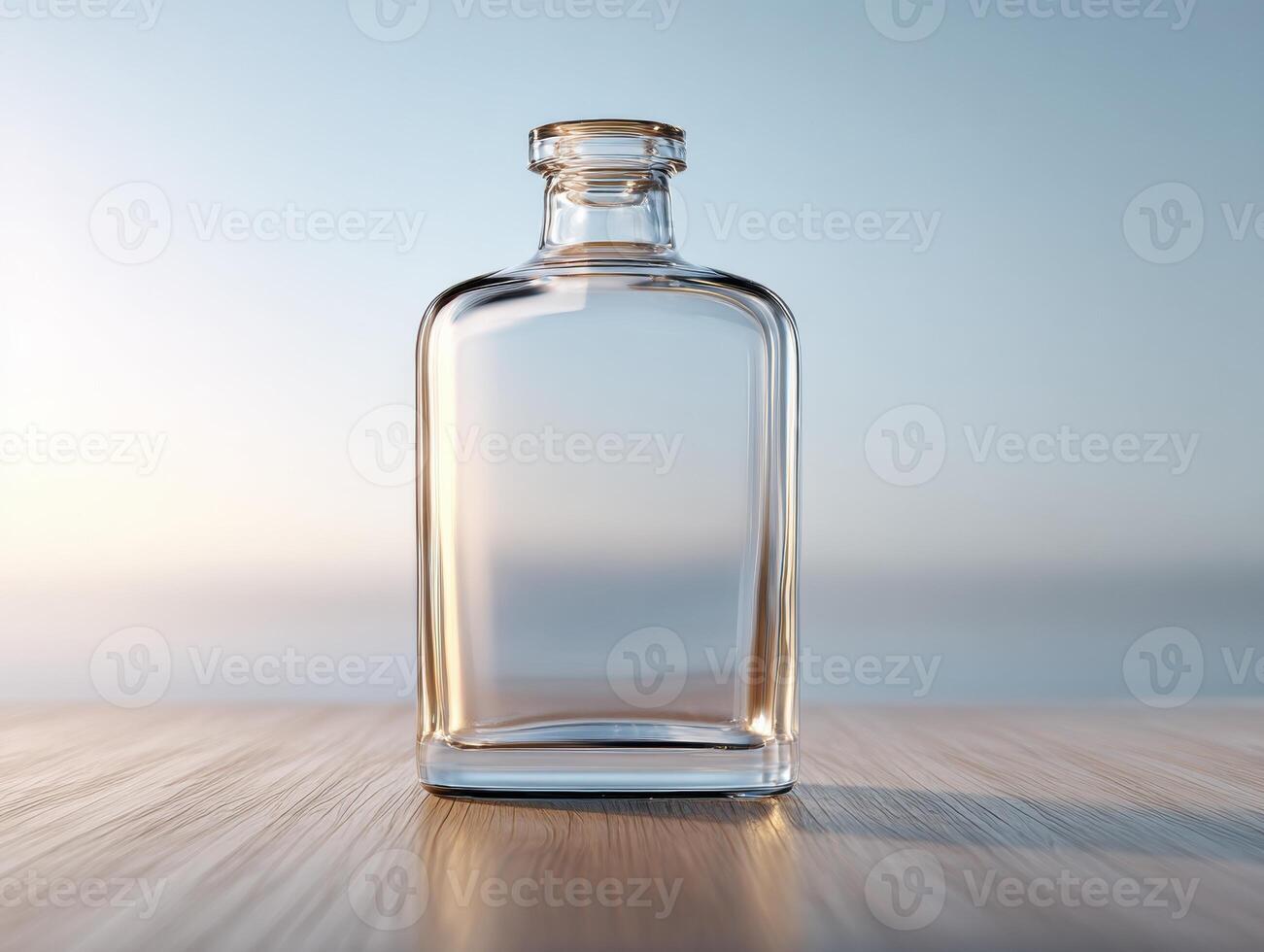 Empty glass bottle on wooden table with blue sky background photo