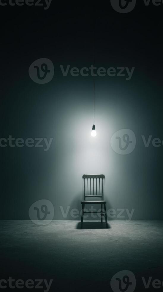 A chair in a dark room with a light bulb photo